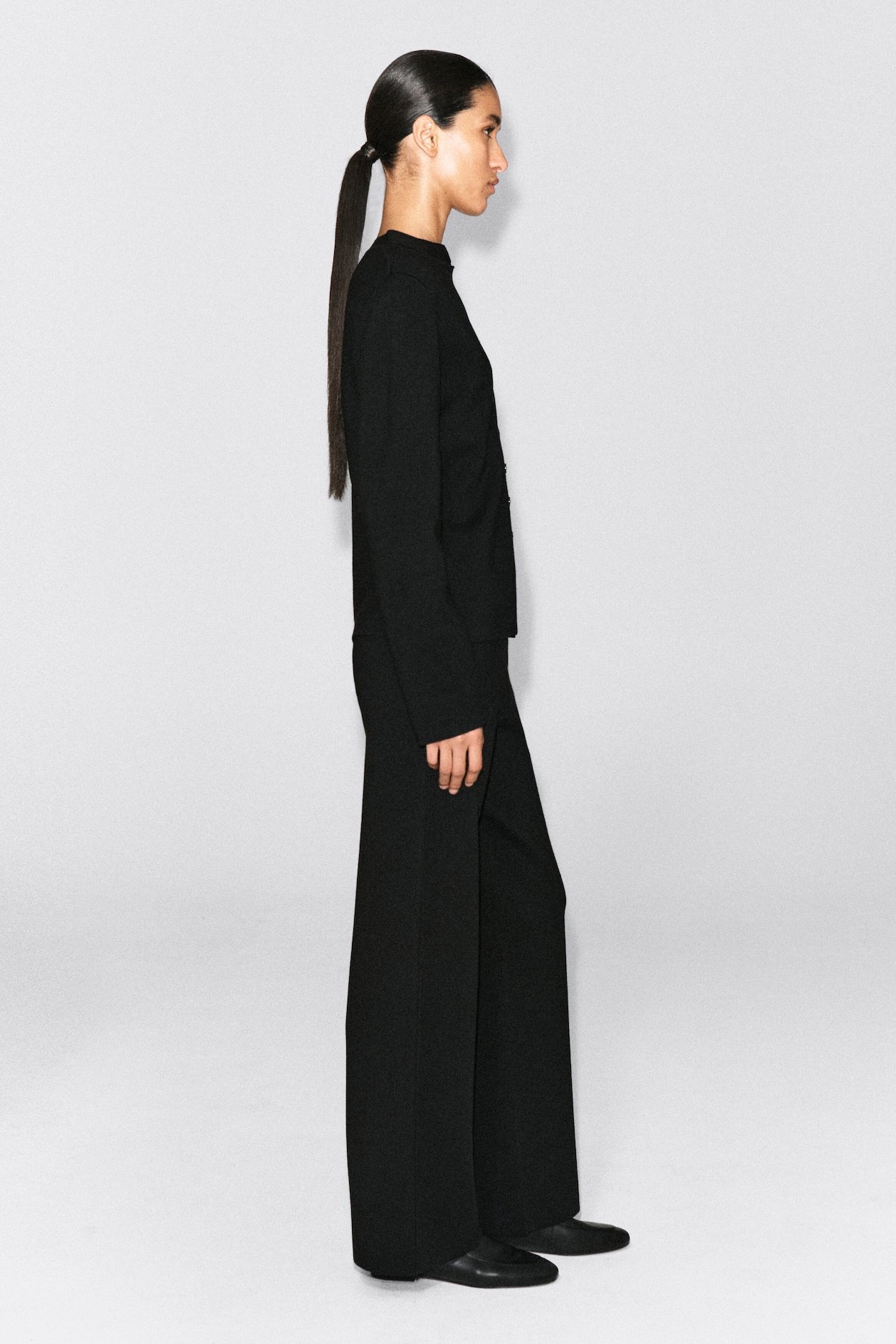 MERINO WOOL BLEND STRAIGHT-LEG PANTS — BLACK