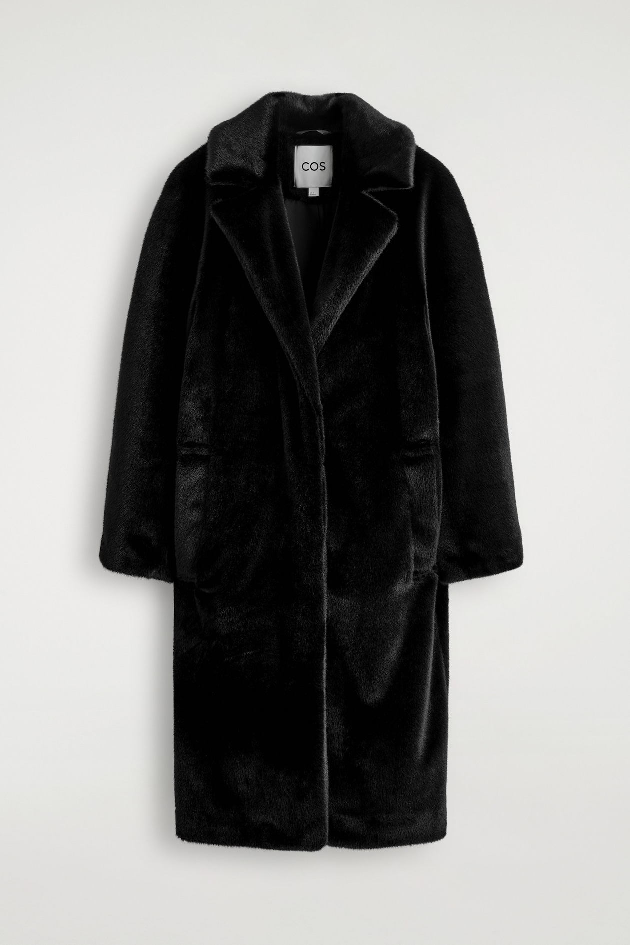 FUR-EFFECT LONG COAT — BLACK