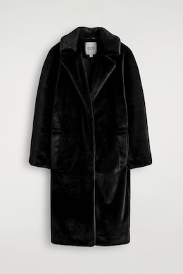 FUR-EFFECT LONG COAT — BLACK 6