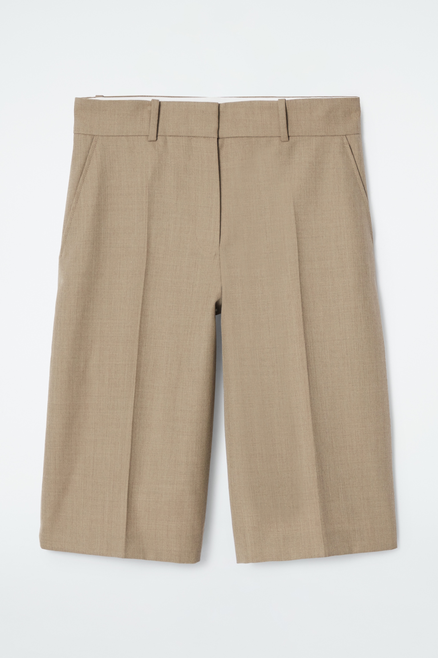 LONGLINE WOOL-BLEND TWILL SHORTS - BEIGE