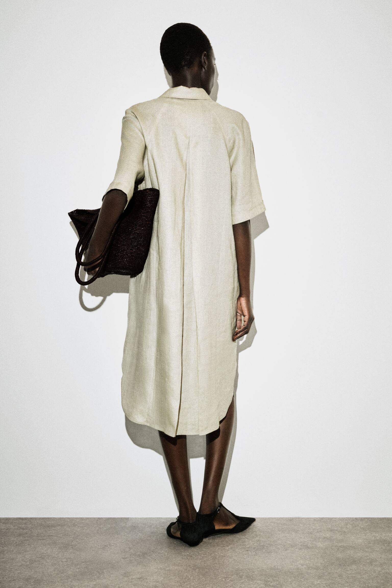 Overhemdjurk van linnen met korte mouwen - buinbeige/bordeauxrood - 4