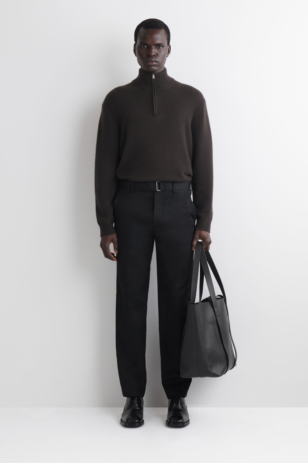 Belted Cotton Straight-Leg Trousers Black