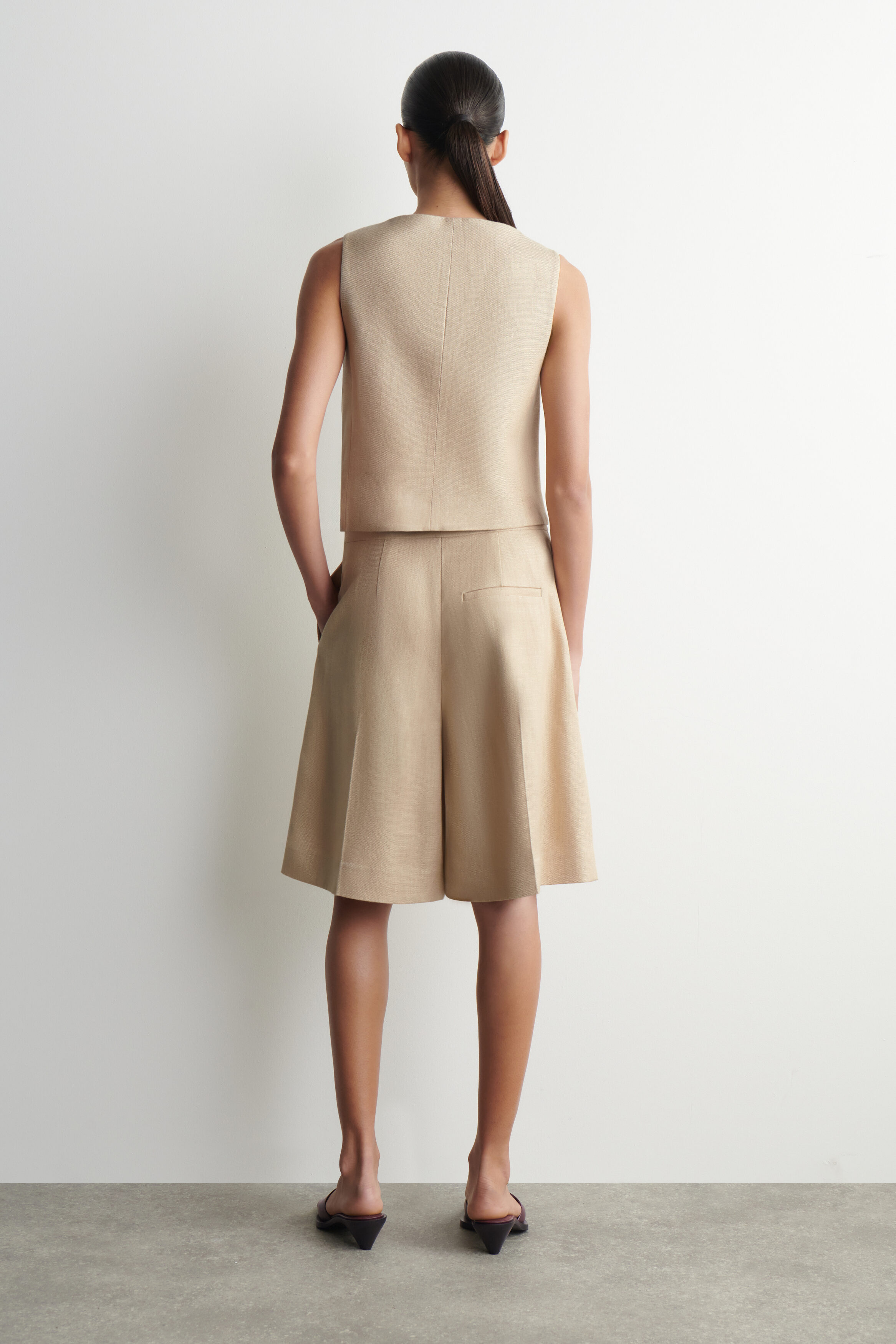 tan dress shorts COS Women's Longline Tailored Shorts in Beige | Rayon