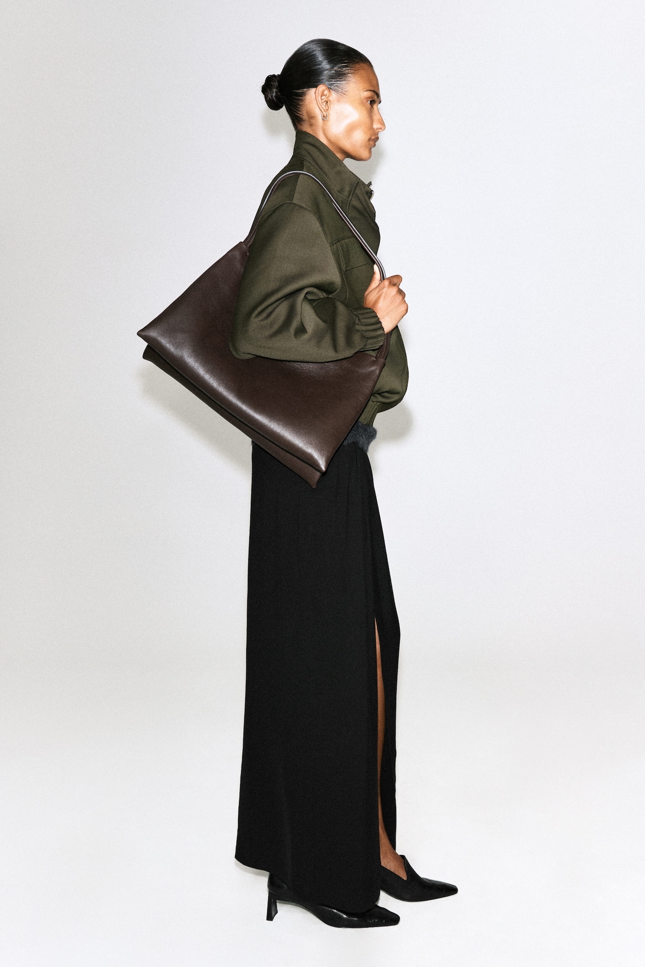 MOCK-NECK WOOL-BLEND BOMBER JACKET — KHAKI MÉLANGE