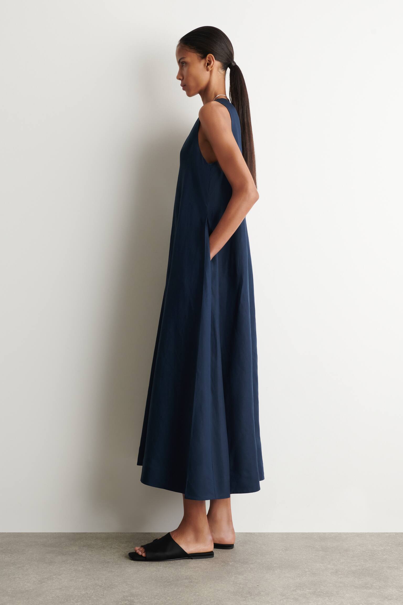 MAXIKLEID AUS LEINEN-MIX IN A-LINIE-NAVYBLAU - 6