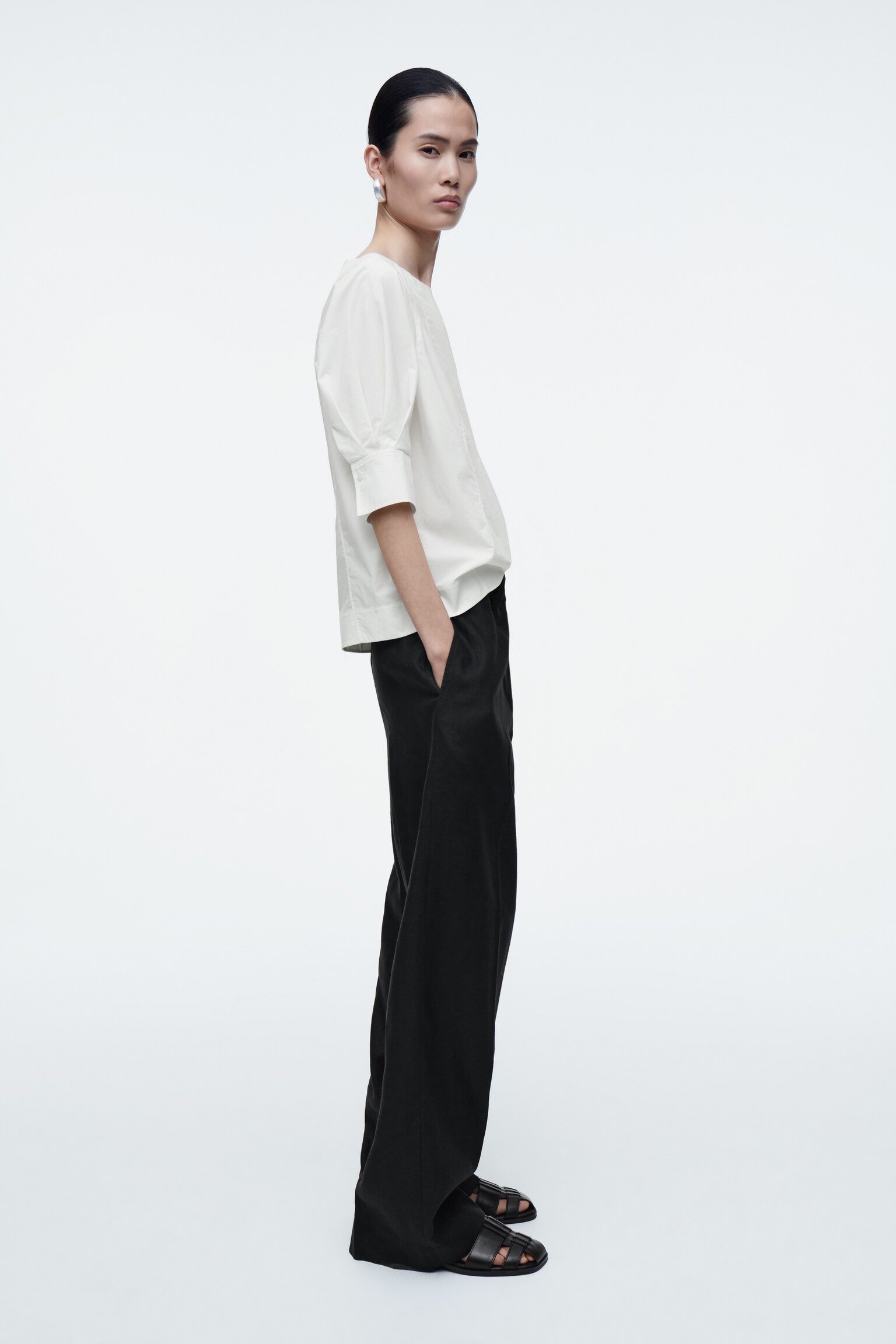 BLOUSE VOLUMINEUSE COL BATEAU EN COTON - BLANC/BLEU MARINE - 5