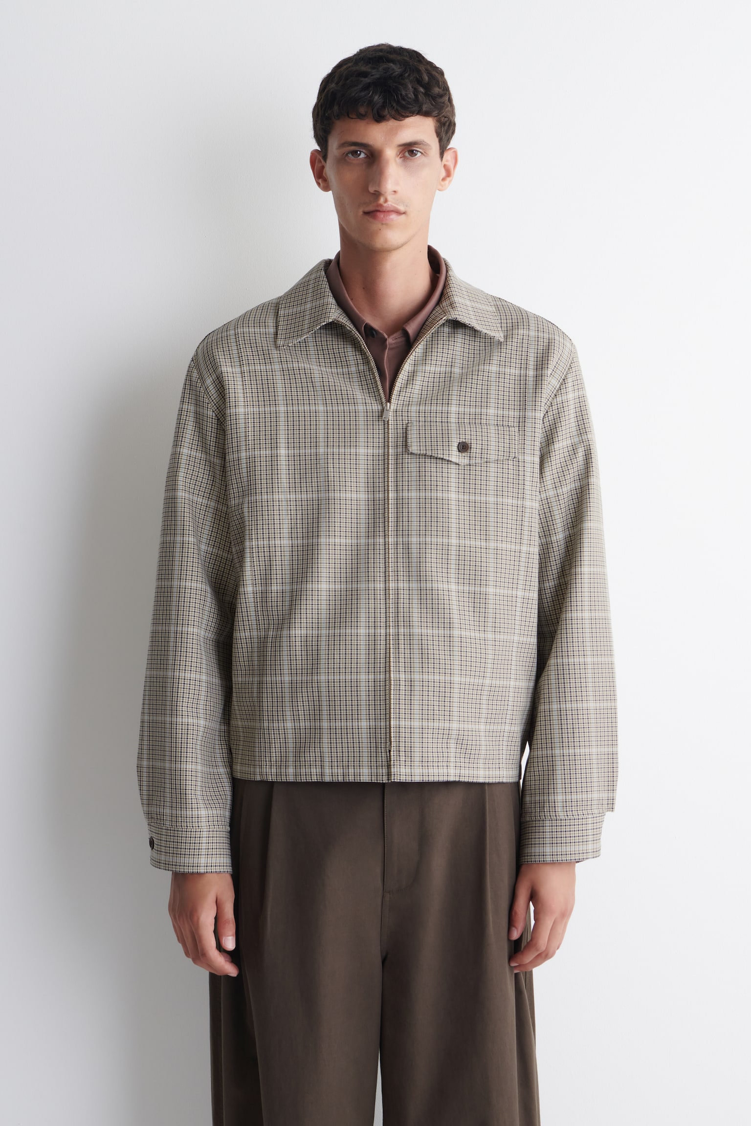 OVERSHIRT IN COTONE CON CERNIERA - BEIGE / QUADRI/BLU NAVY - 1