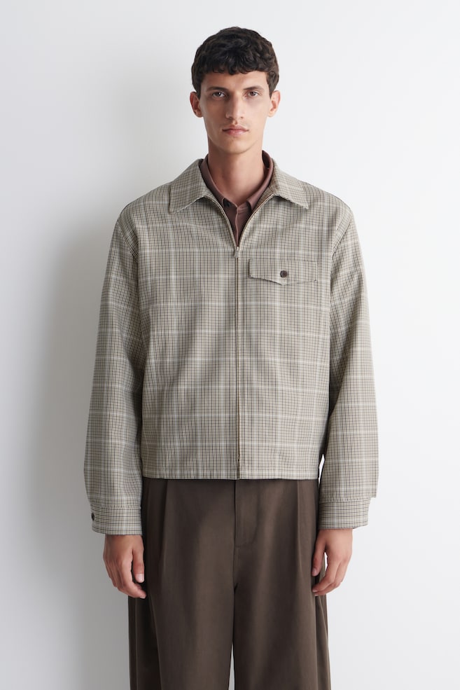 ZIP-UP COTTON OVERSHIRT - BEIGE / CHECKED/NAVY - 1
