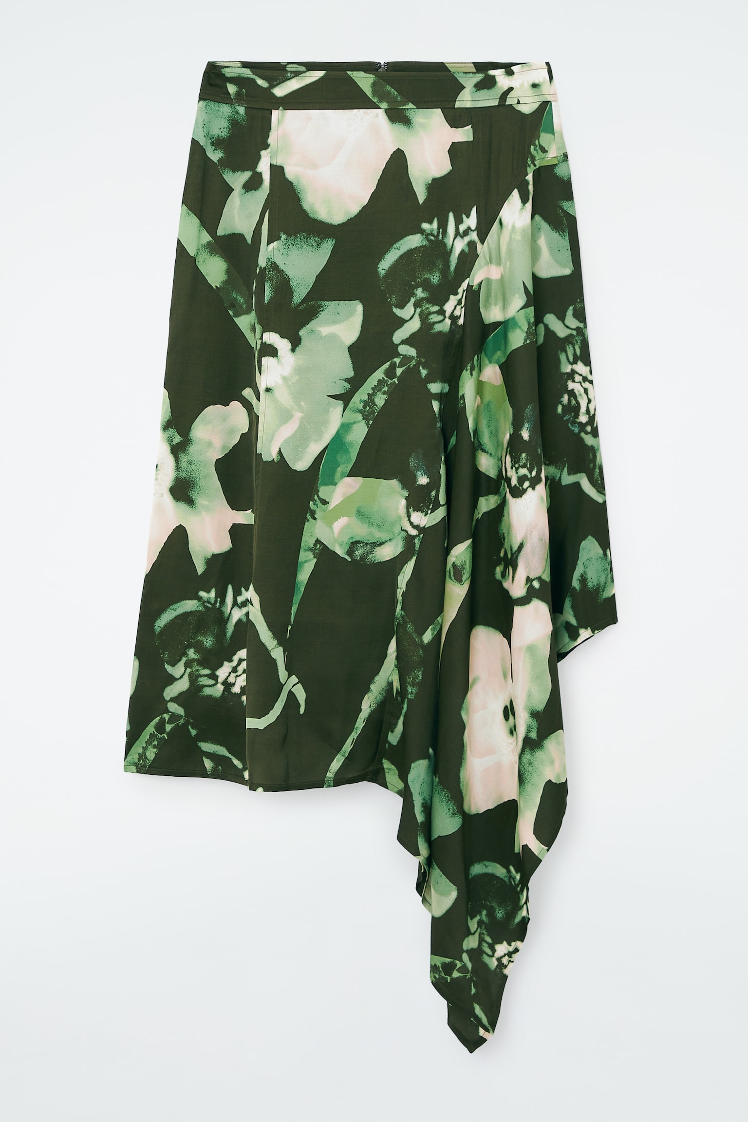DRAPED ASYMMETRIC MIDI SKIRT - GREEN / FLORAL/BLACK