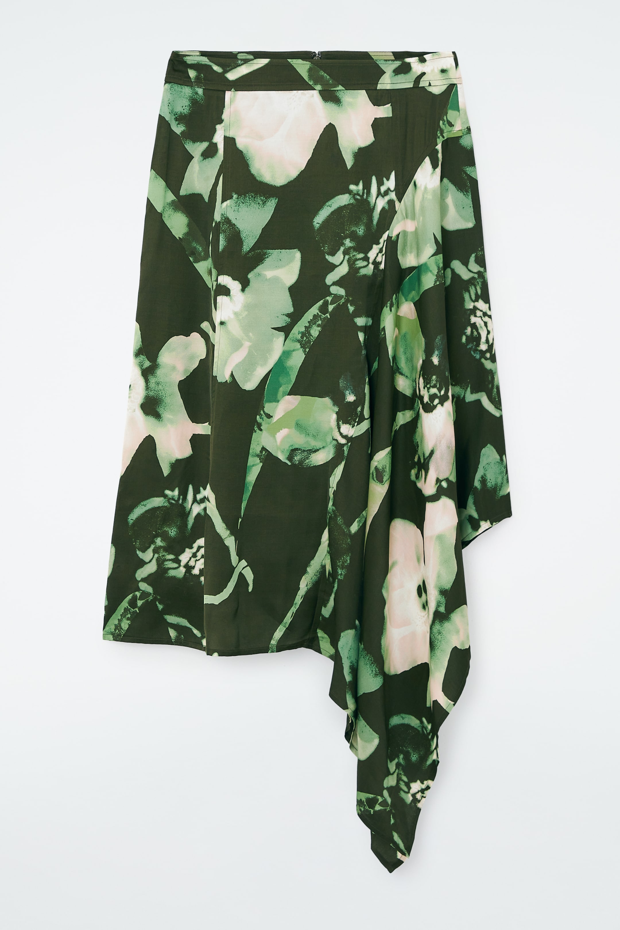 Agrandir l'image: JUPE MIDI ASYMÉTRIQUE DRAPÉE - VERT / IMPRIMÉ FLEURI - FEMME | H&M CH 1