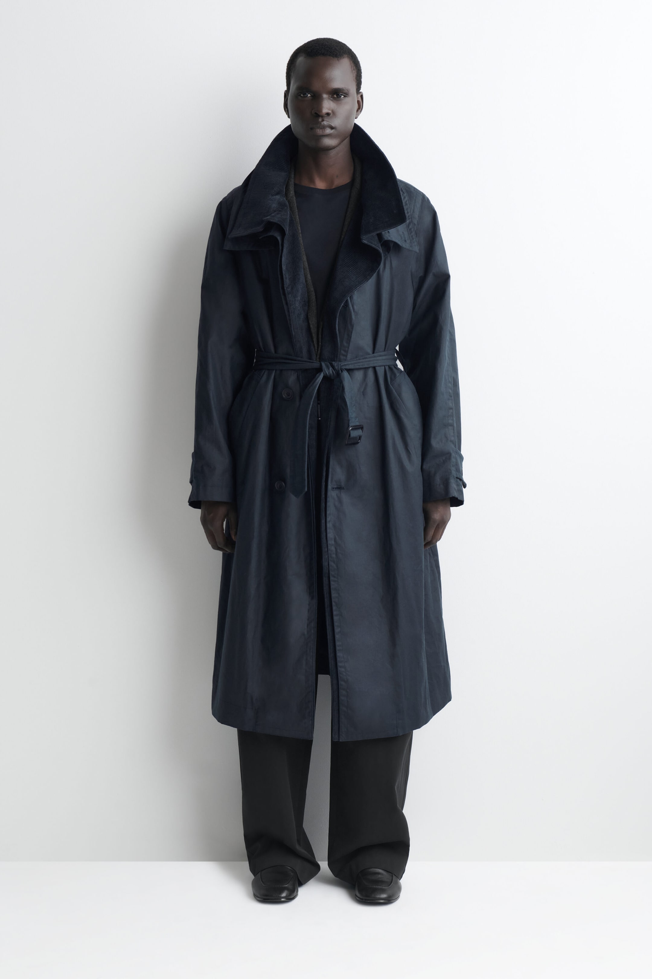 CORDUROY-DETAIL WAXED-COTTON TRENCH COAT