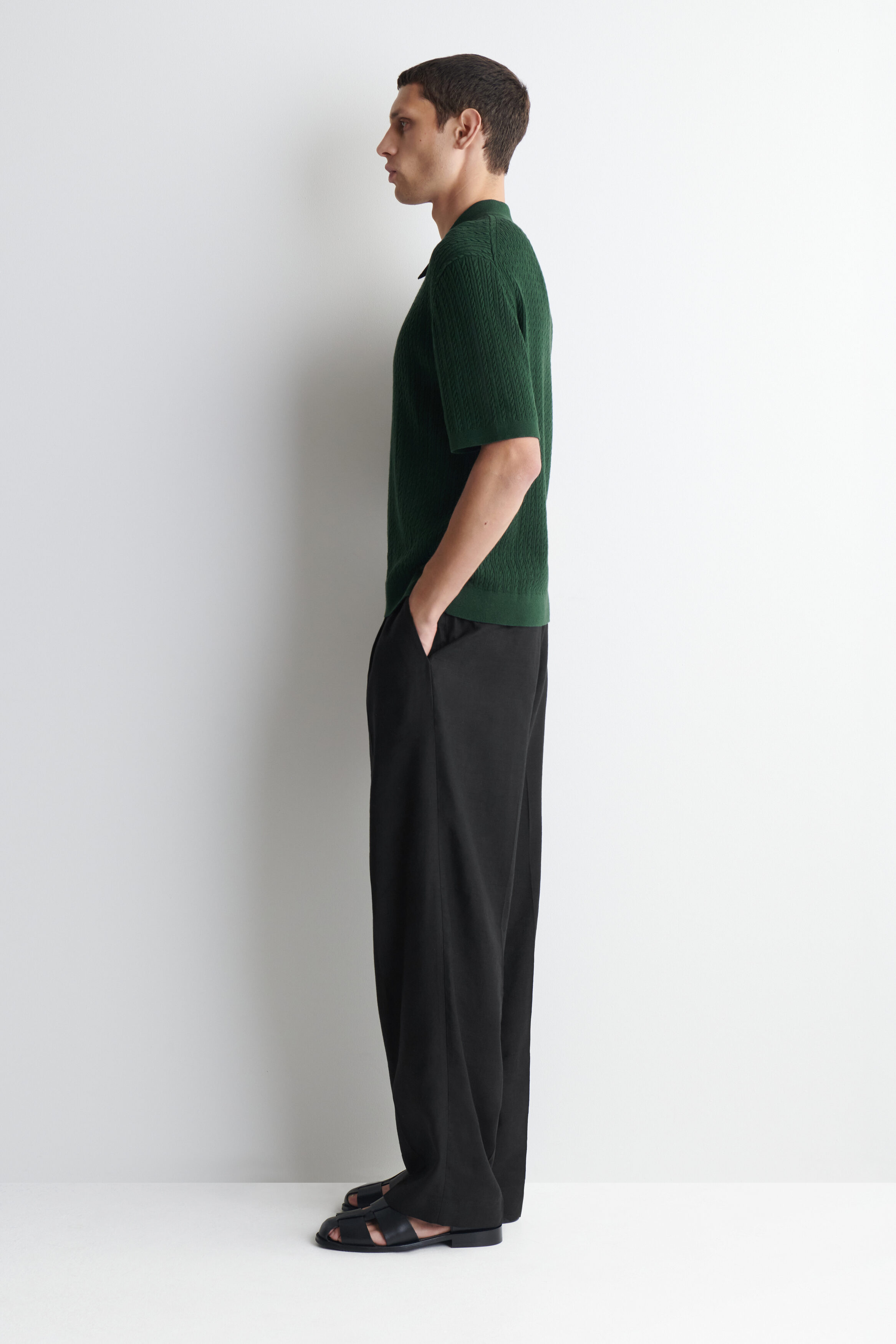 CABLE-KNIT COTTON-LINEN POLO SHIRT - DARK GREEN | COS US