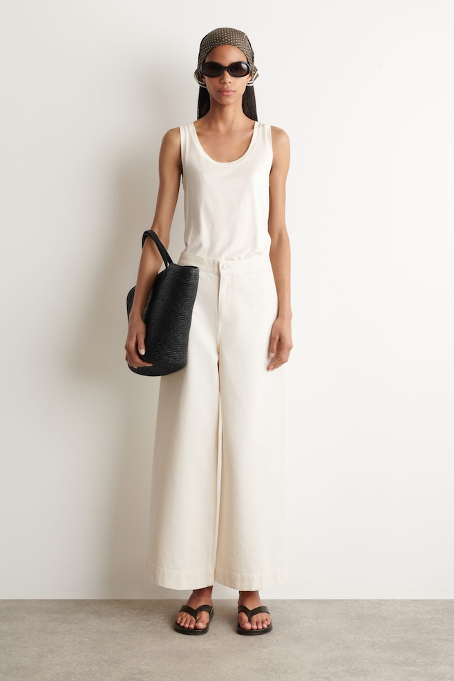 CROPPED WIDE-LEG DENIM PANTS — ECRU
