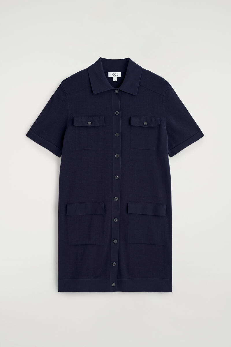COS Pocket-Detail Knitted Cotton Mini Dress Navy Women's Medium