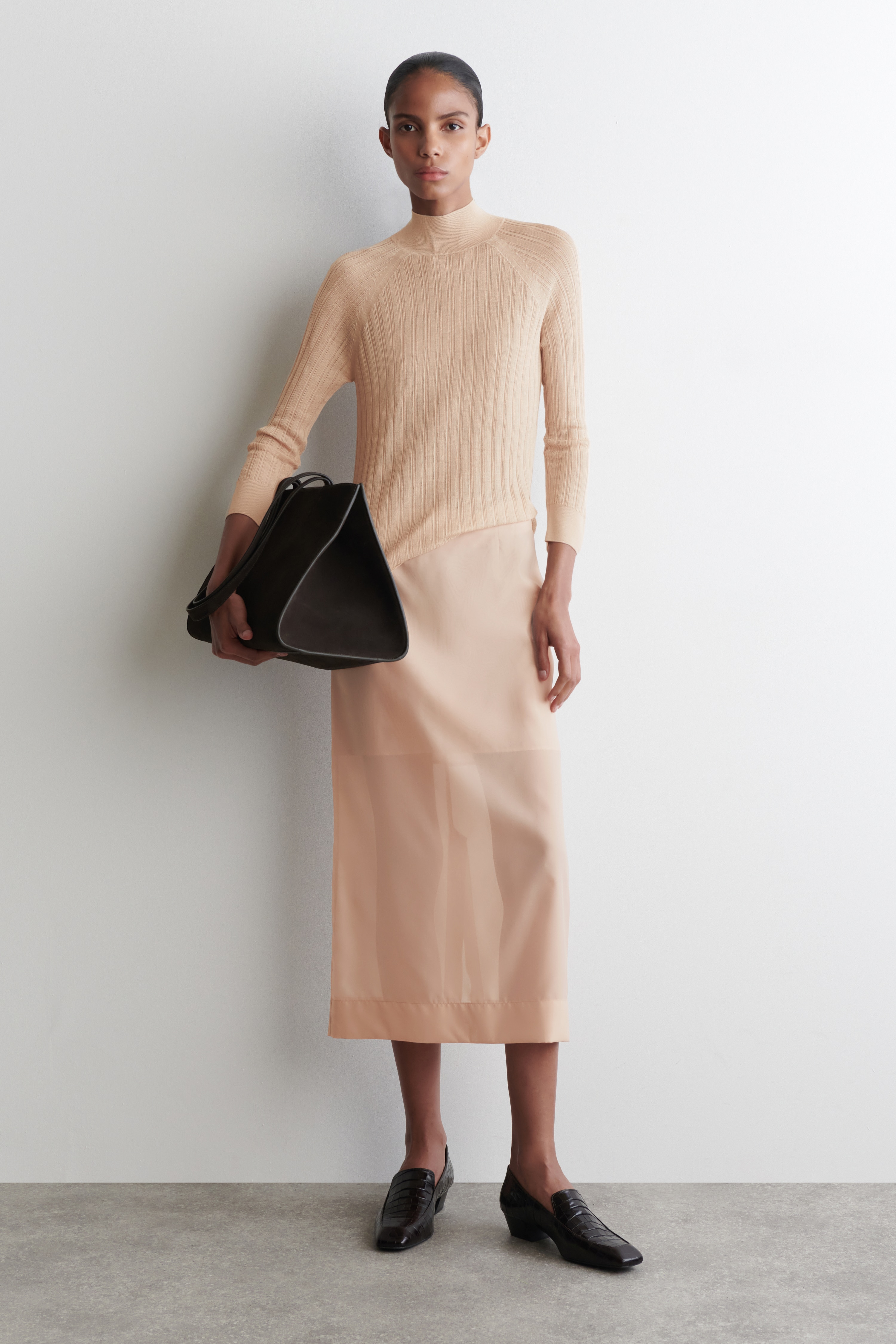 PÓŁPRZEZROCZYSTA BLUZKA Z JEDWABIU I WEŁNY MERINO - BRZOSKWINIOWY/TURKUSOWY