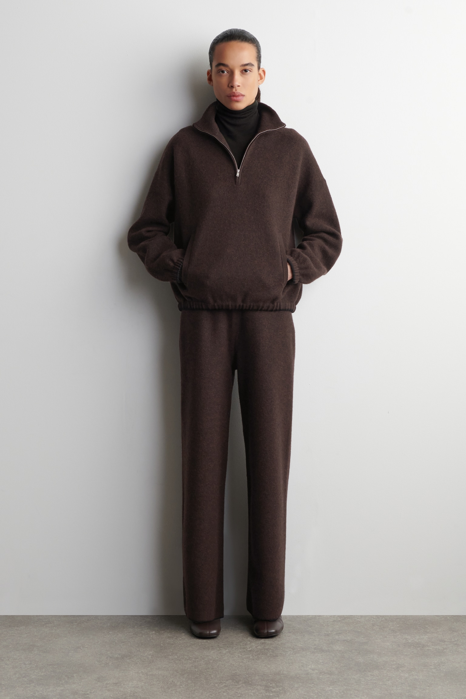 BOILED MERINO WOOL WIDE-LEG TROUSERS - BROWN MÉLANGE - 1