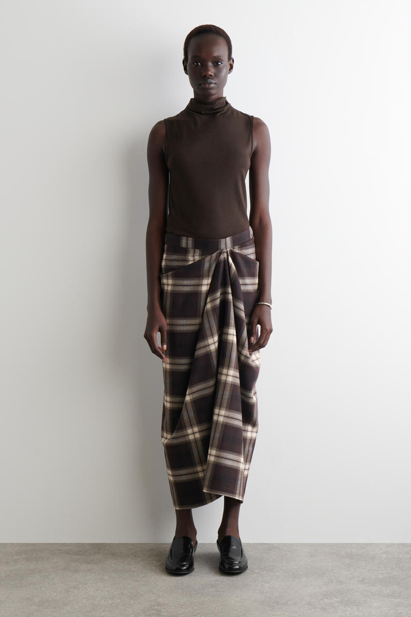 Cos Draped Checked Midi Skirt In Brown