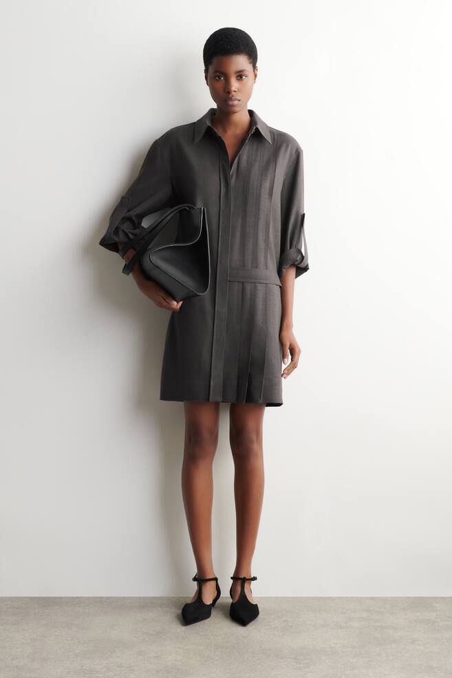HALF-PLEATED WOOL MINI SHIRT DRESS - DARK GREY - 1