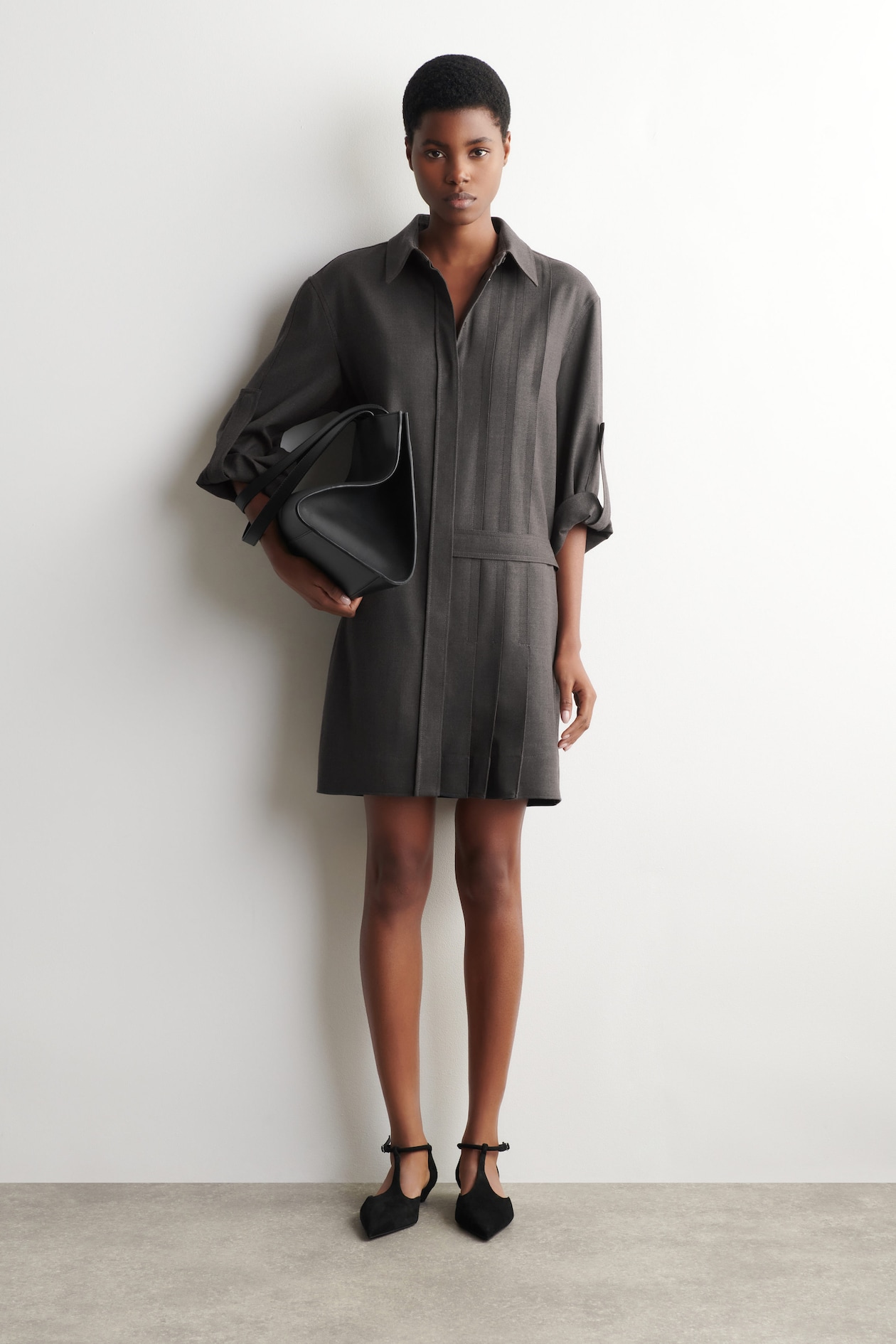 HALF-PLEATED WOOL MINI SHIRT DRESS