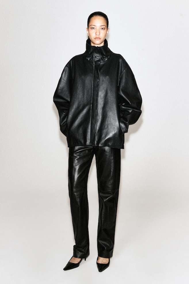 LEATHER FUNNEL-NECK JACKET — BLACK