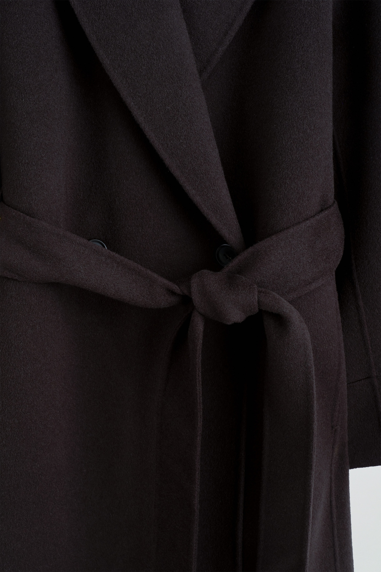 SHAWL-COLLAR DOUBLE-FACED WOOL LONG COAT — DARK BROWN