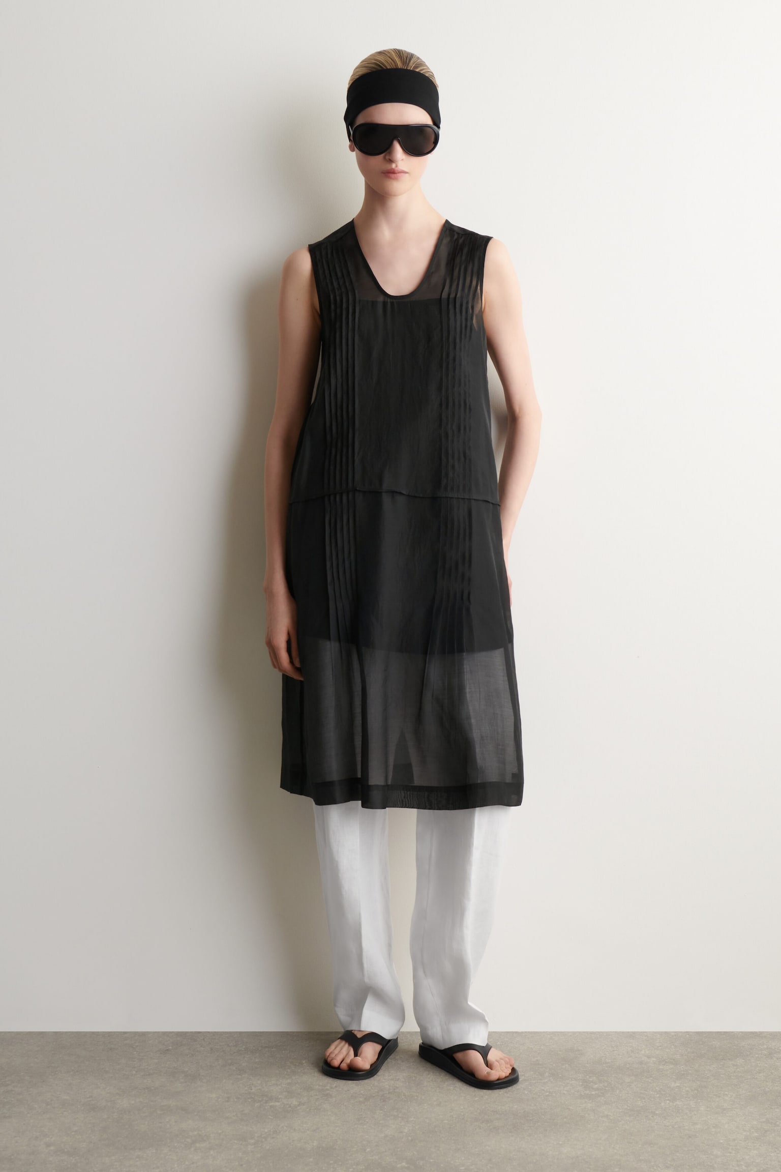 SHEER PINTUCKED DRESS - BLACK - 1
