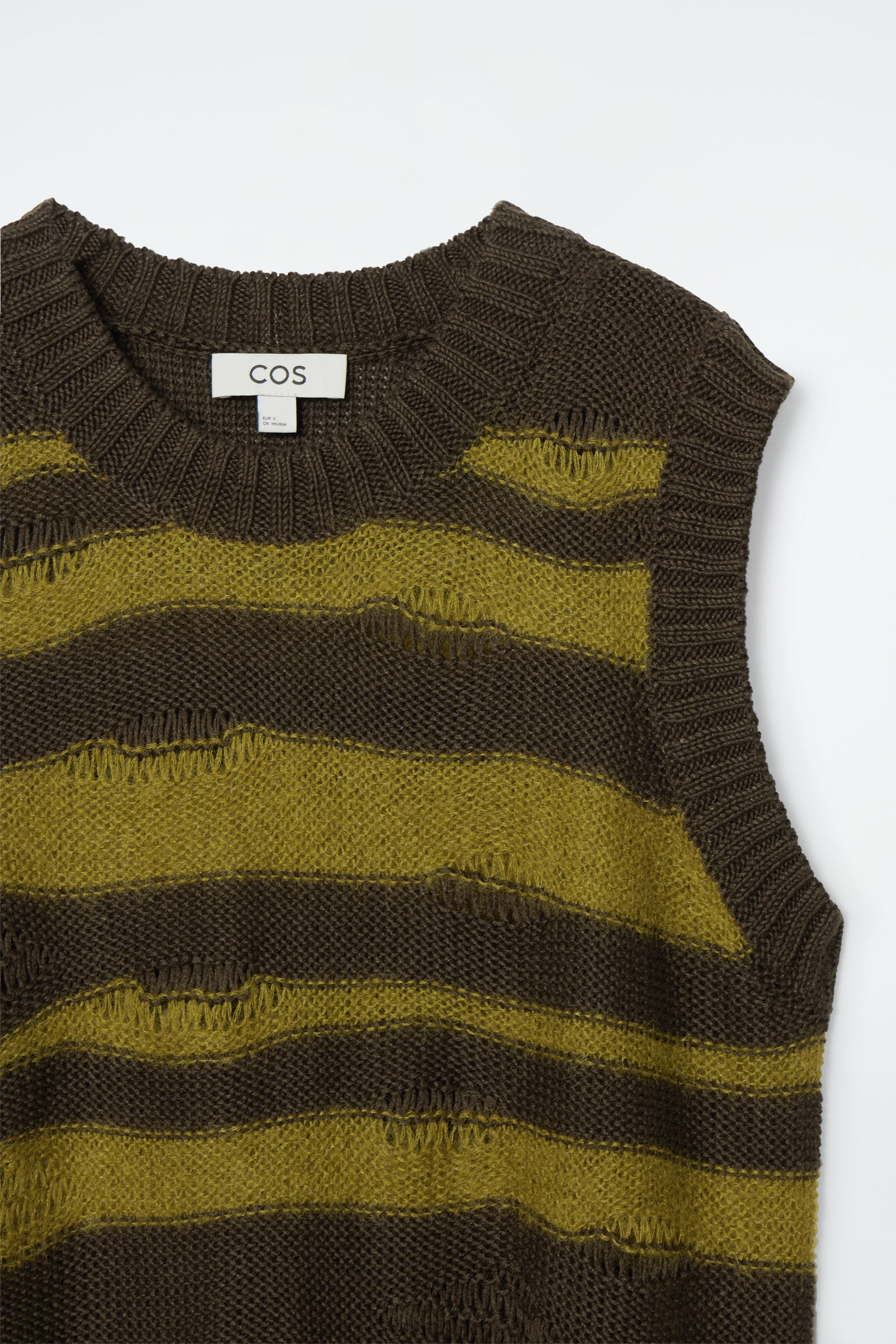 DISTRESSED STRIPED LINEN-BLEND KNITTED VEST