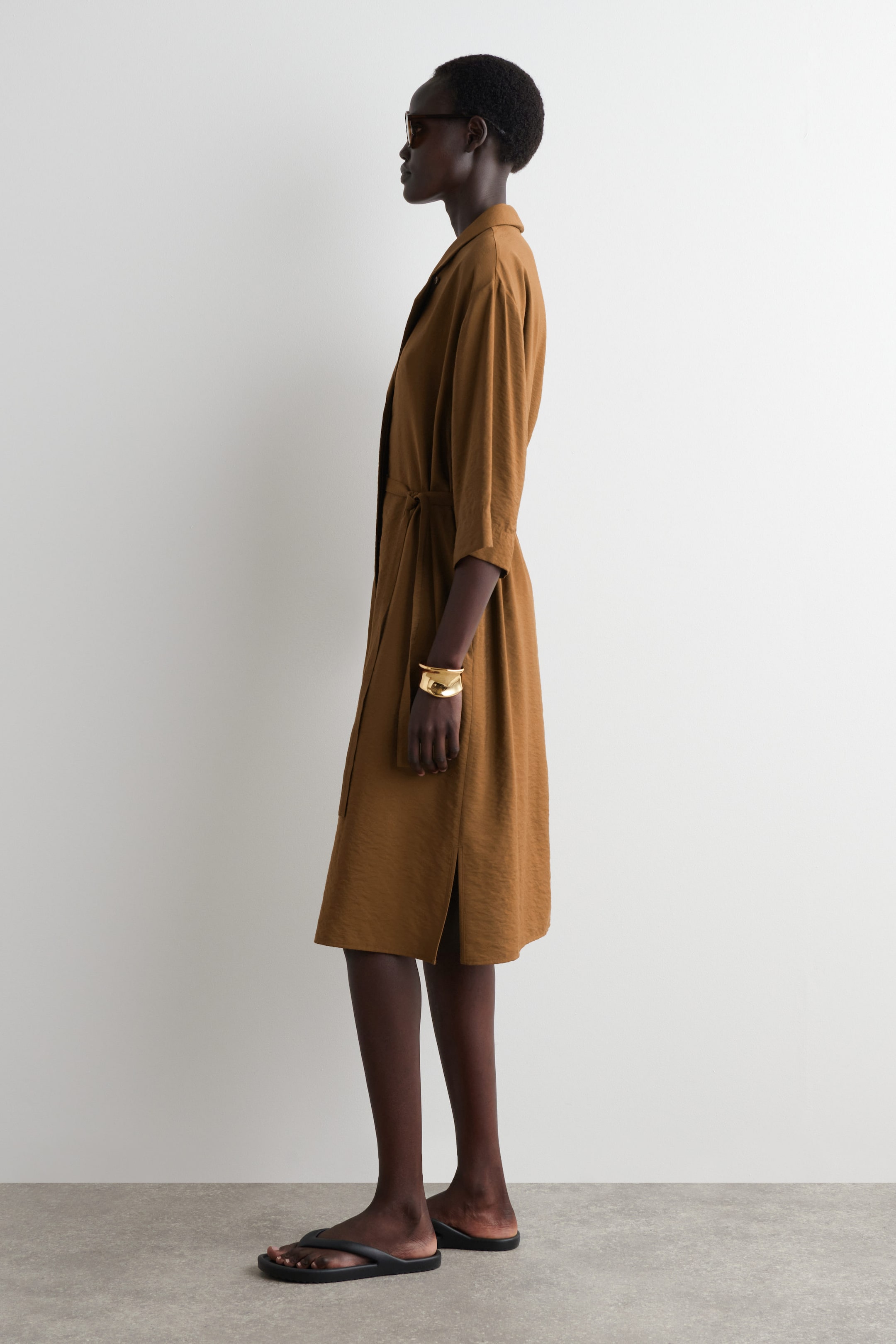 SIDE-BELT MIDI SHIRT DRESS