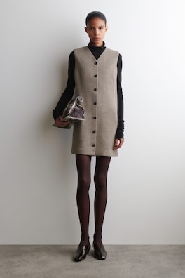 MERINO WOOL BUTTONED SHIFT MINI DRESS — BEIGE MÉLANGE 1