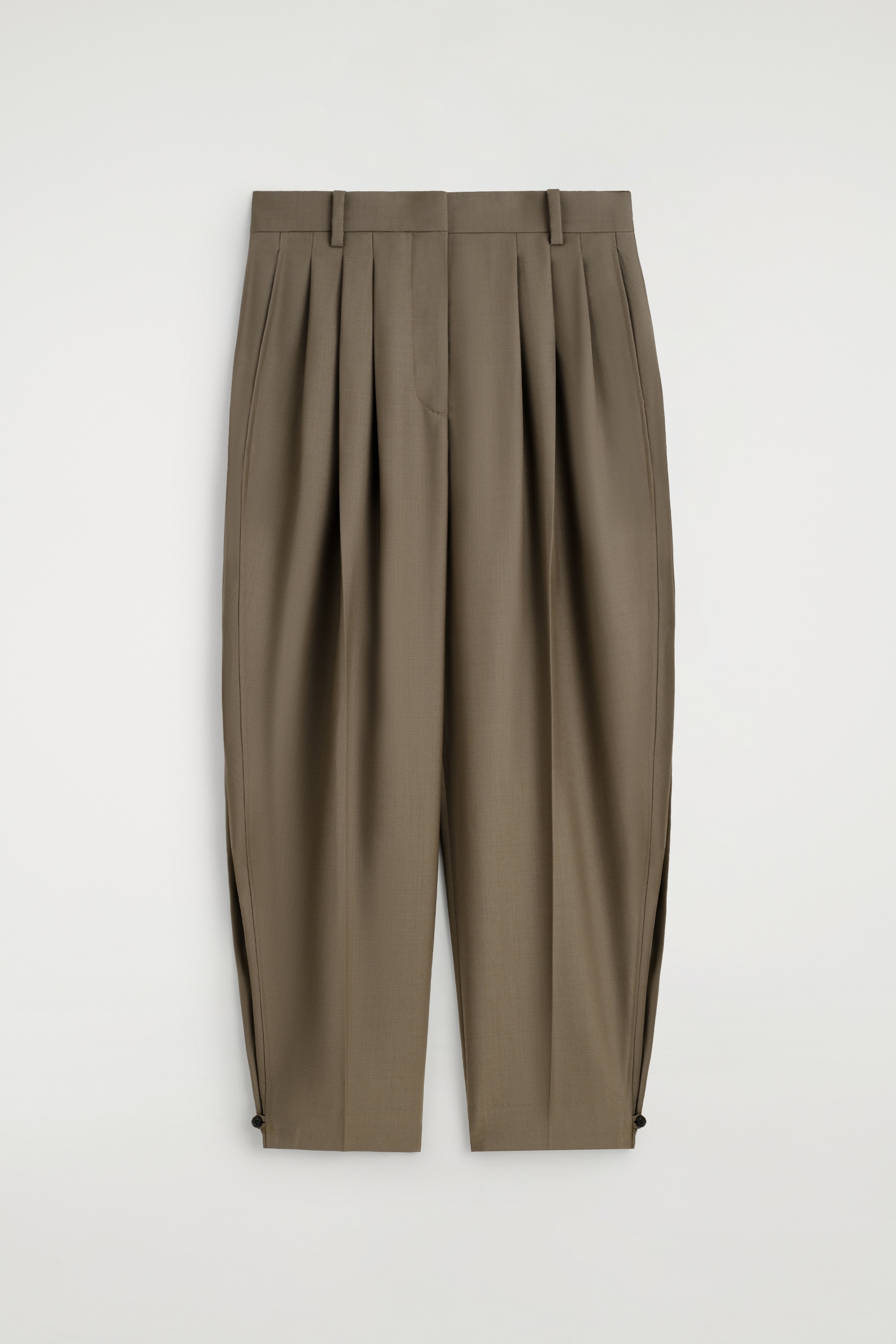 PLEATED BARREL-LEG WOOL TROUSERS - DARK BEIGE