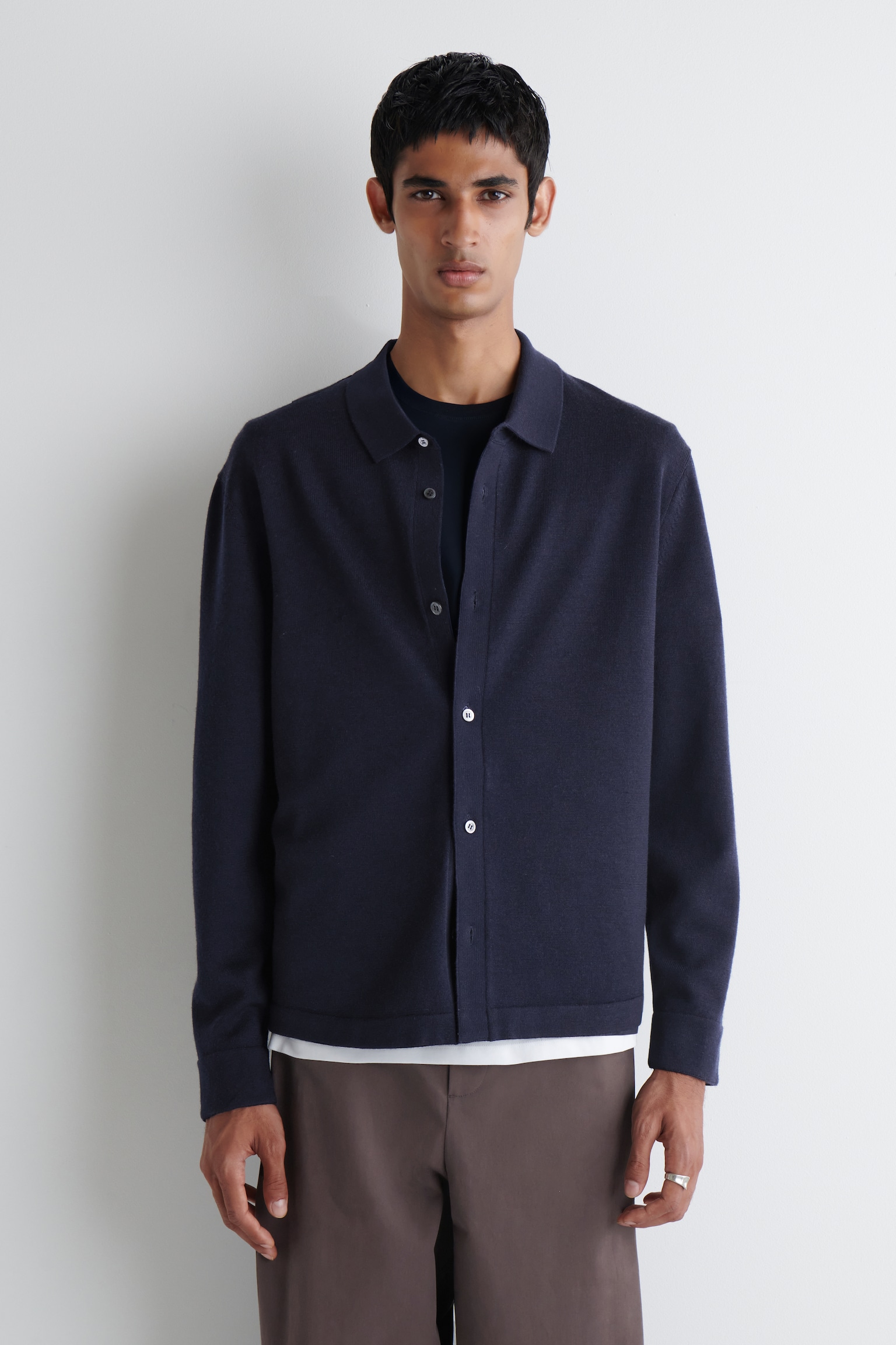 KNITTED MERINO WOOL SHIRT - NAVY