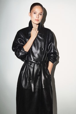 OVERSIZED BELTED LEATHER LONG COAT — BLACK 10