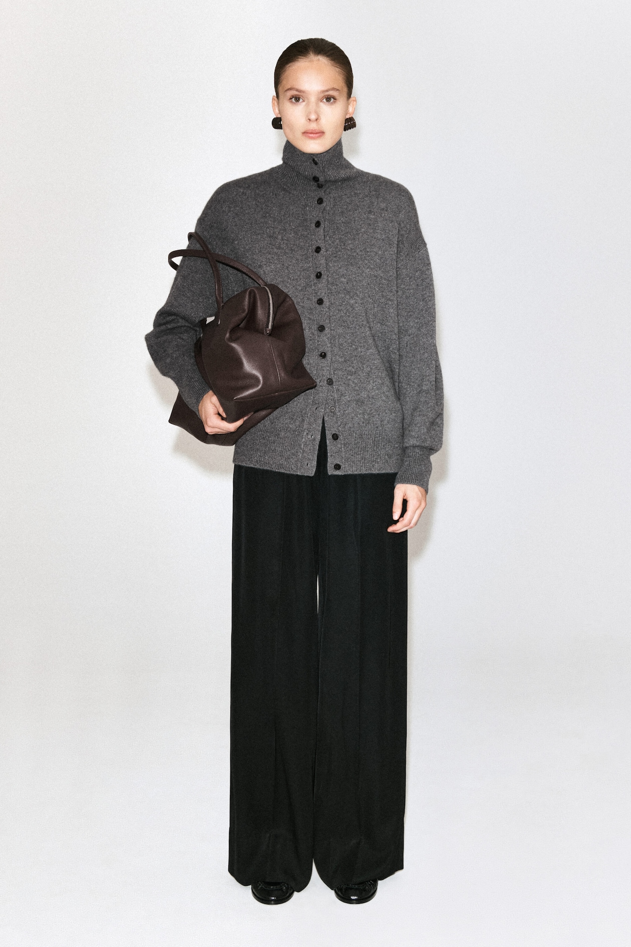 SCULPTED PURE CASHMERE MOCK-NECK CARDIGAN — GRAY MÉLANGE