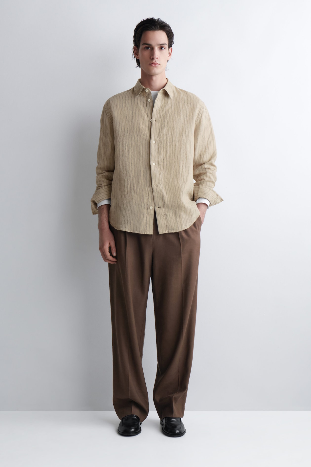 RELAXED LINEN SHIRT — BEIGE / STRIPED