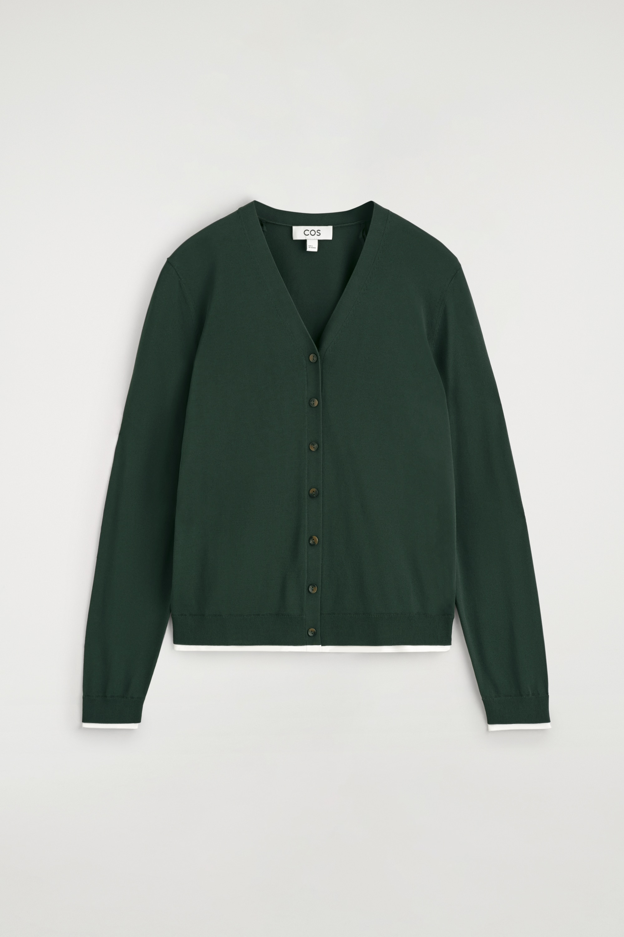 LAYERED-DETAIL KNITTED V-NECK CARDIGAN - DARK GREEN / WHITE