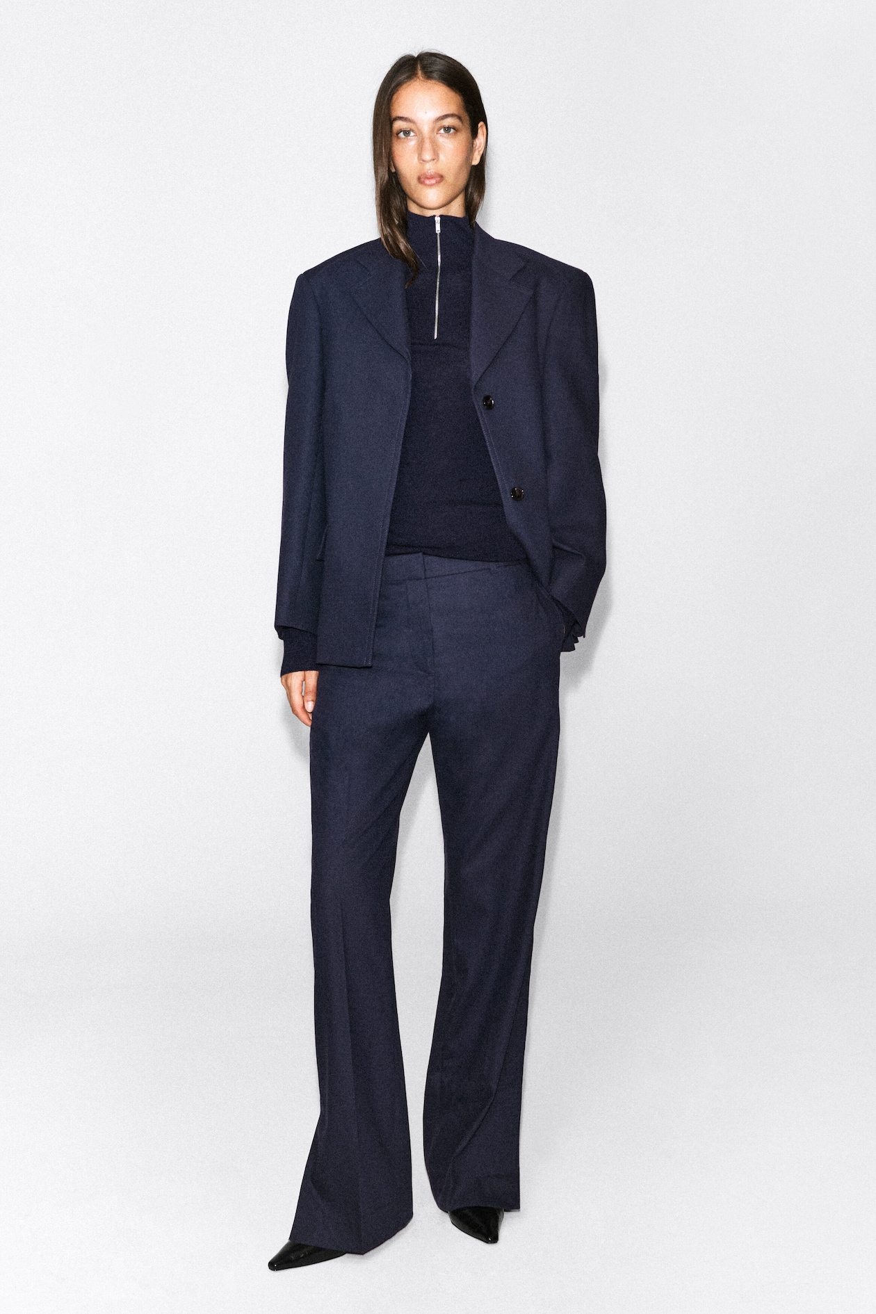 WOOL-BLEND FLARED PANTS — NAVY