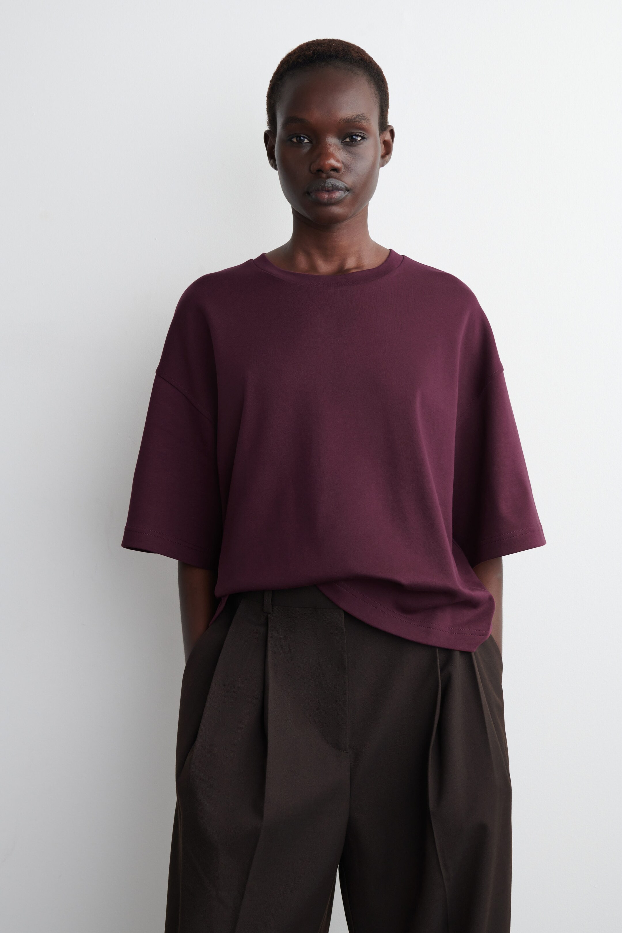 T-Shirt Donna Oversize Estate Scollo A V In Cotone - Top Larghi E Comodi, Manica Corta, Vestibilità Casual (Vino Rosso, Taglia L)