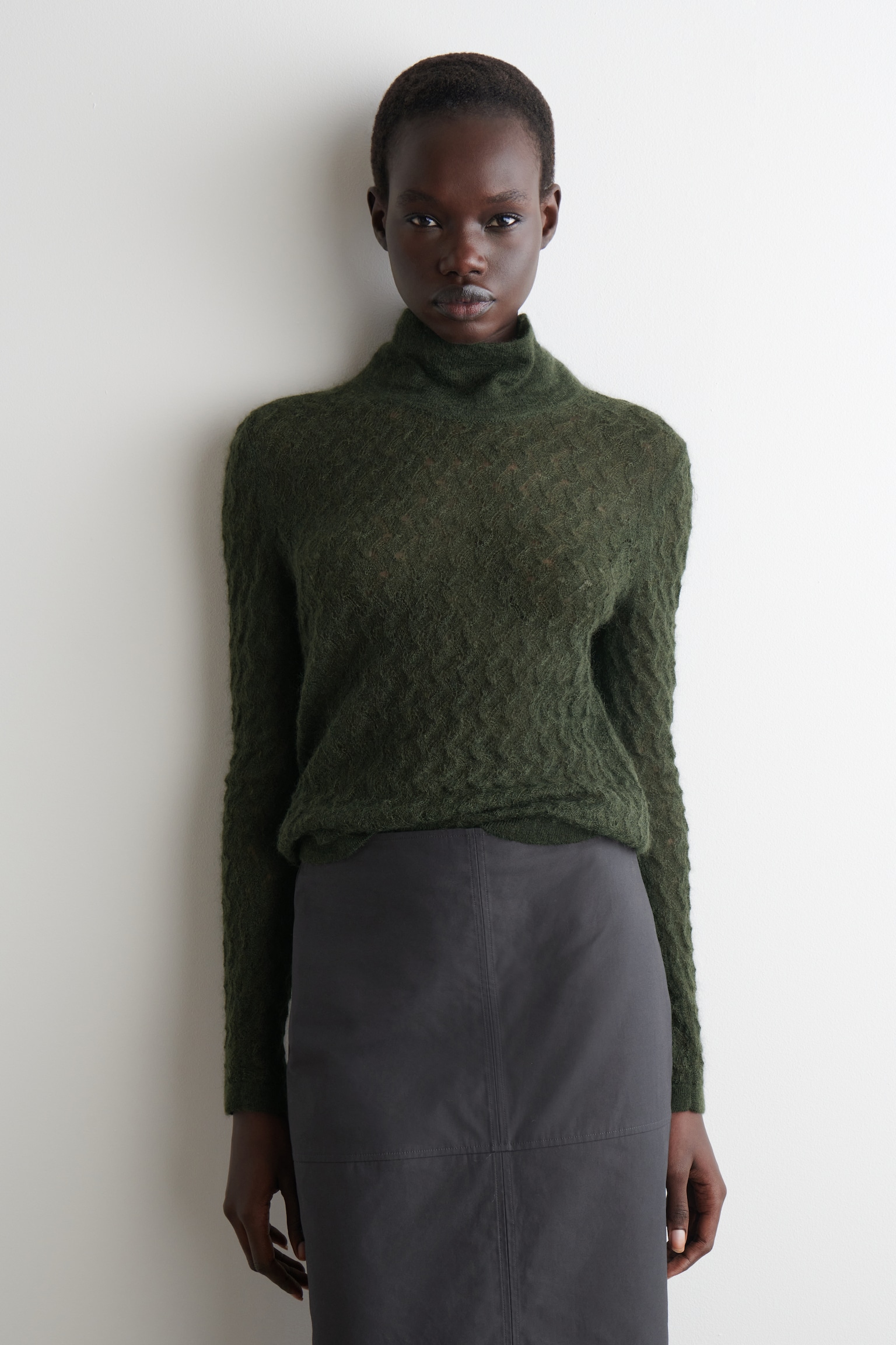 POINTELLE-KNIT MOHAIR JUMPER - DARK GREEN/IVORY