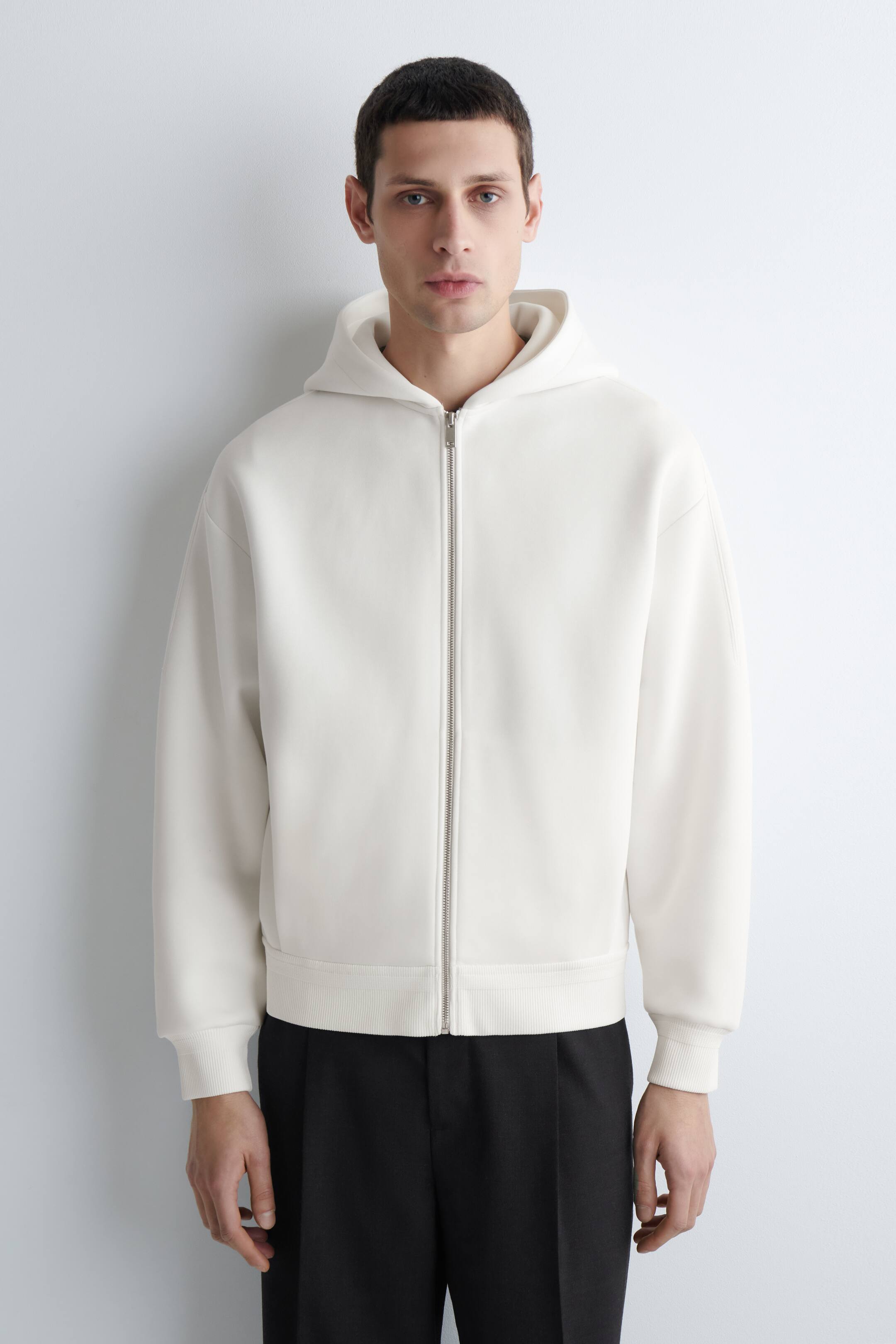 Se større billede: COTTON-PIQUÉ ZIP-UP HOODIE - OFFWHITE - HERRE | H&M DK 1