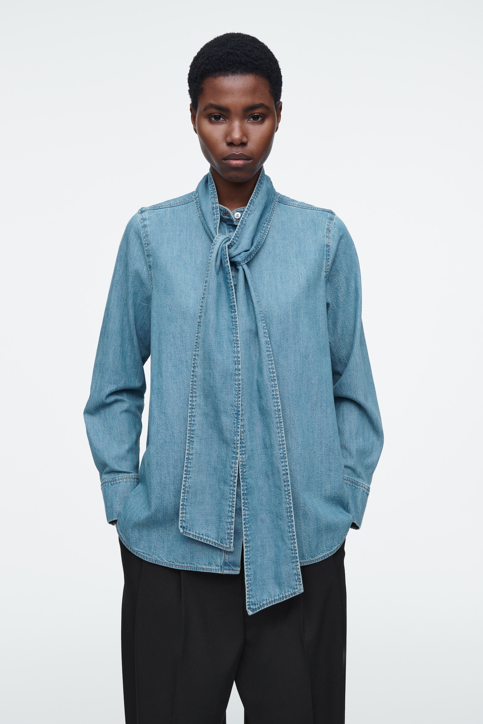 NECK-TIE DENIM BLOUSE - DUSTY BLUE