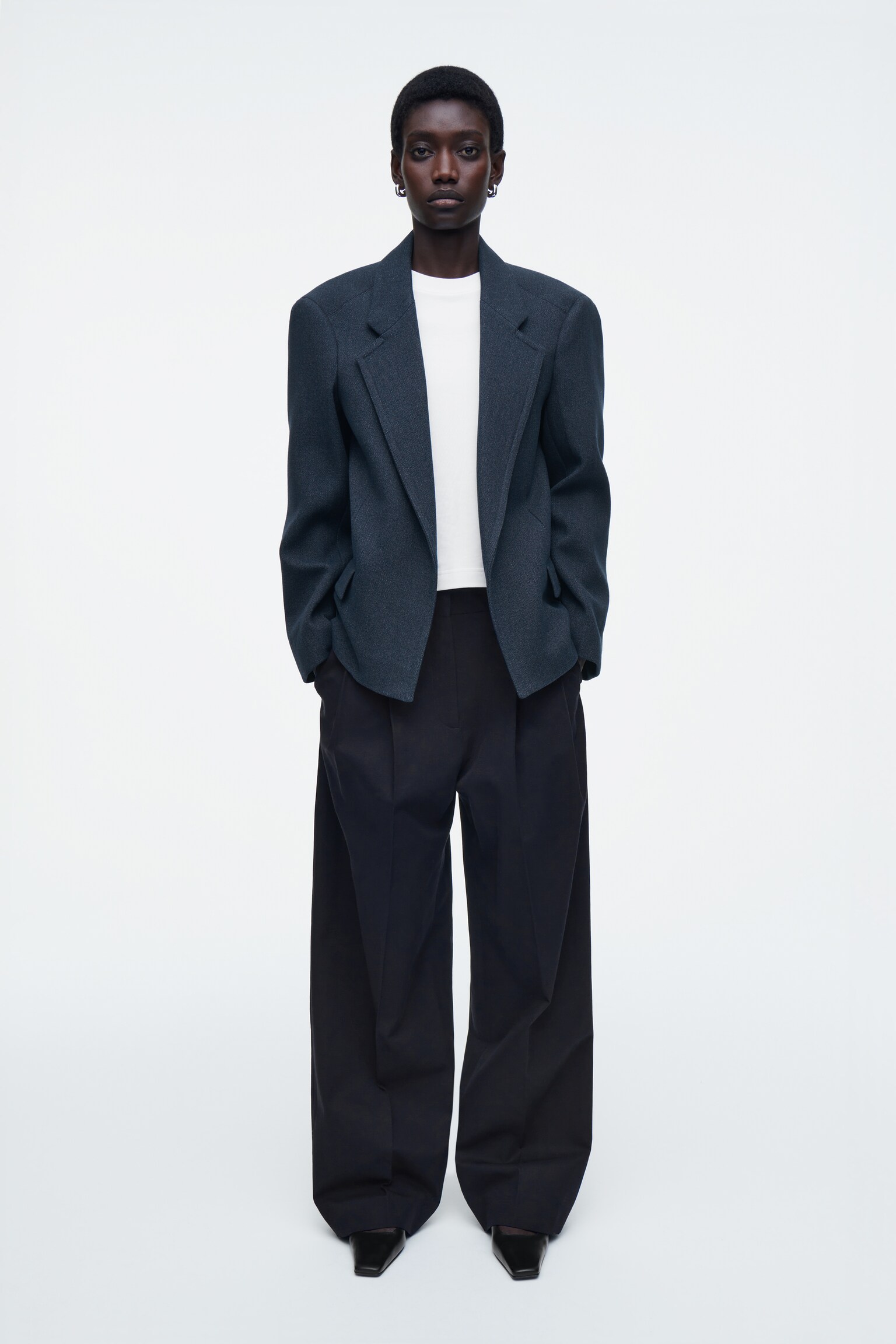 OVERSIZED EXAGGERATED-SHOULDER DENIM-LOOK BLAZER - DARK BLUE - 8