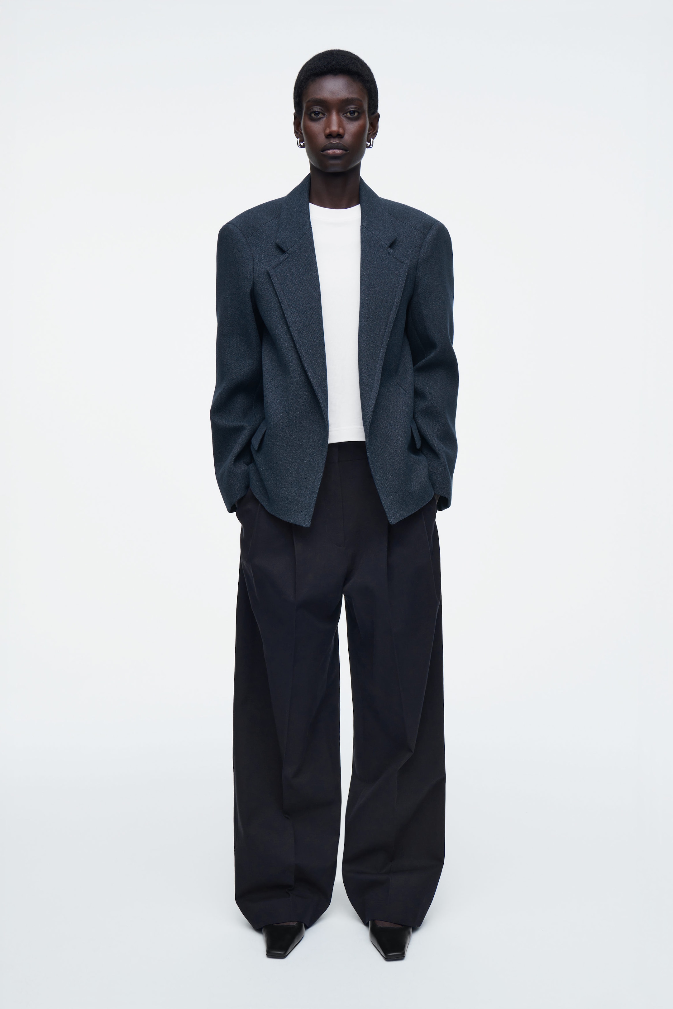 OVERSIZED EXAGGERATED-SHOULDER DENIM-LOOK BLAZER
