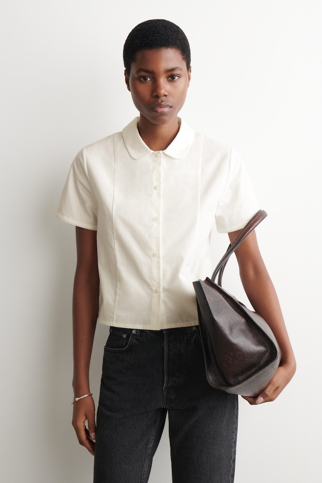 CURVED-COLLAR COTTON-POPLIN SHIRT — WHITE