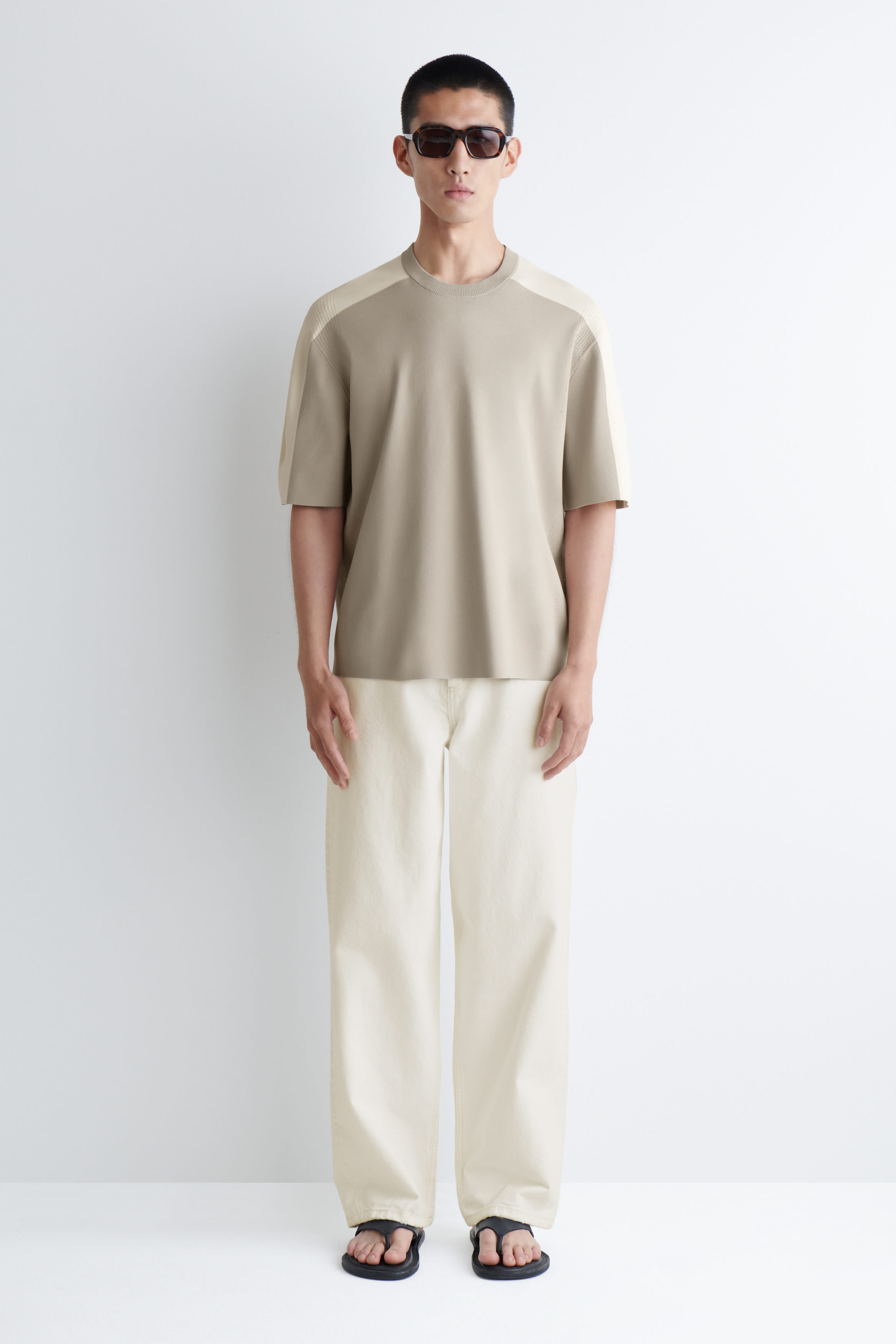 MESH-PANEL KNIT T-SHIRT - MOLE / OFF-WHITE | COS US