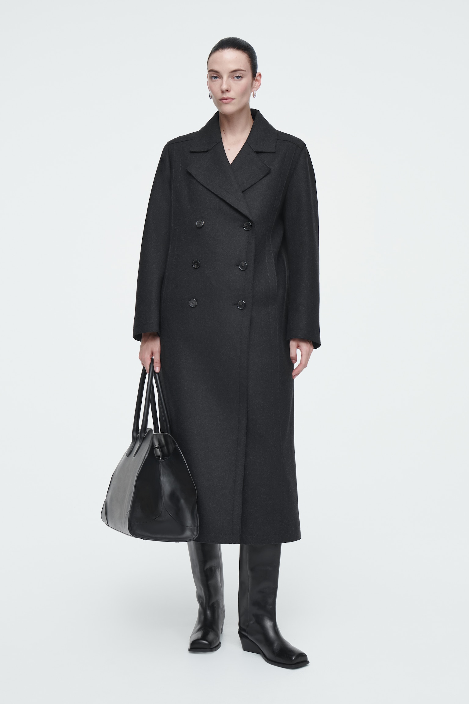 LONGLINE WOOL PEA COAT - CHARCOAL