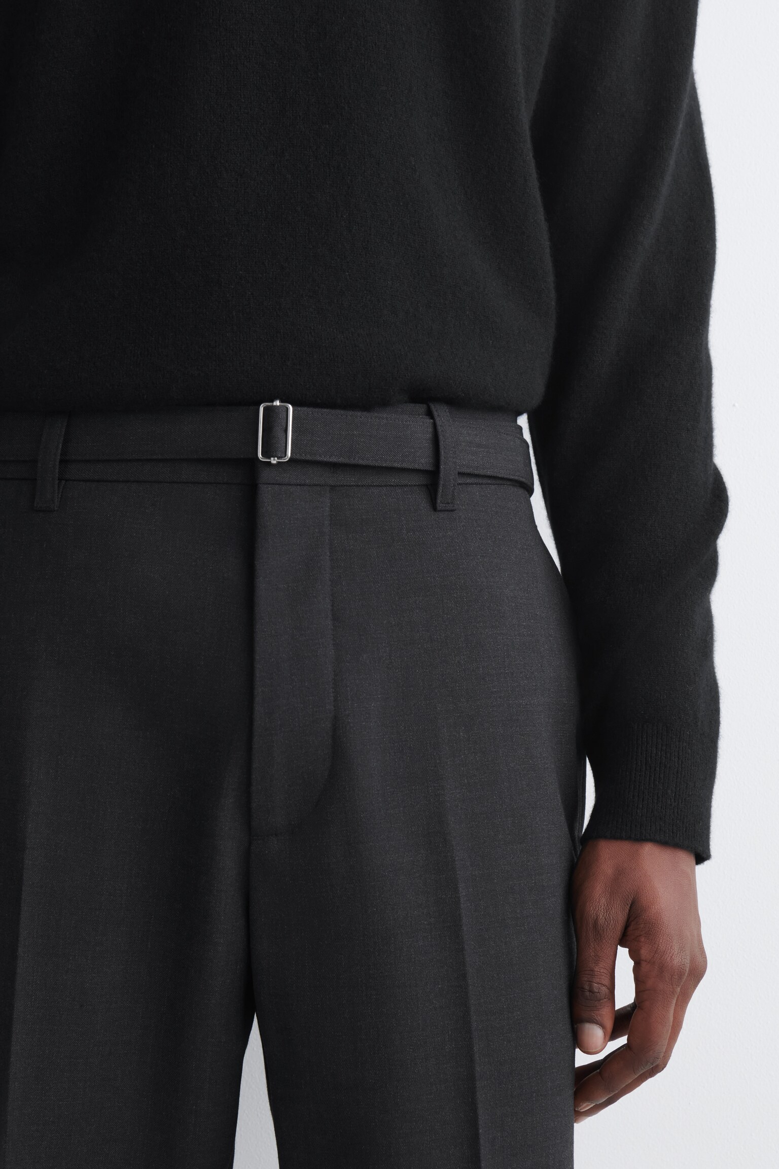 PANTALON SLIM CEINTURÉ EN LAINE MÉLANGÉE - GRIS/BRUN FONCÉ - 6