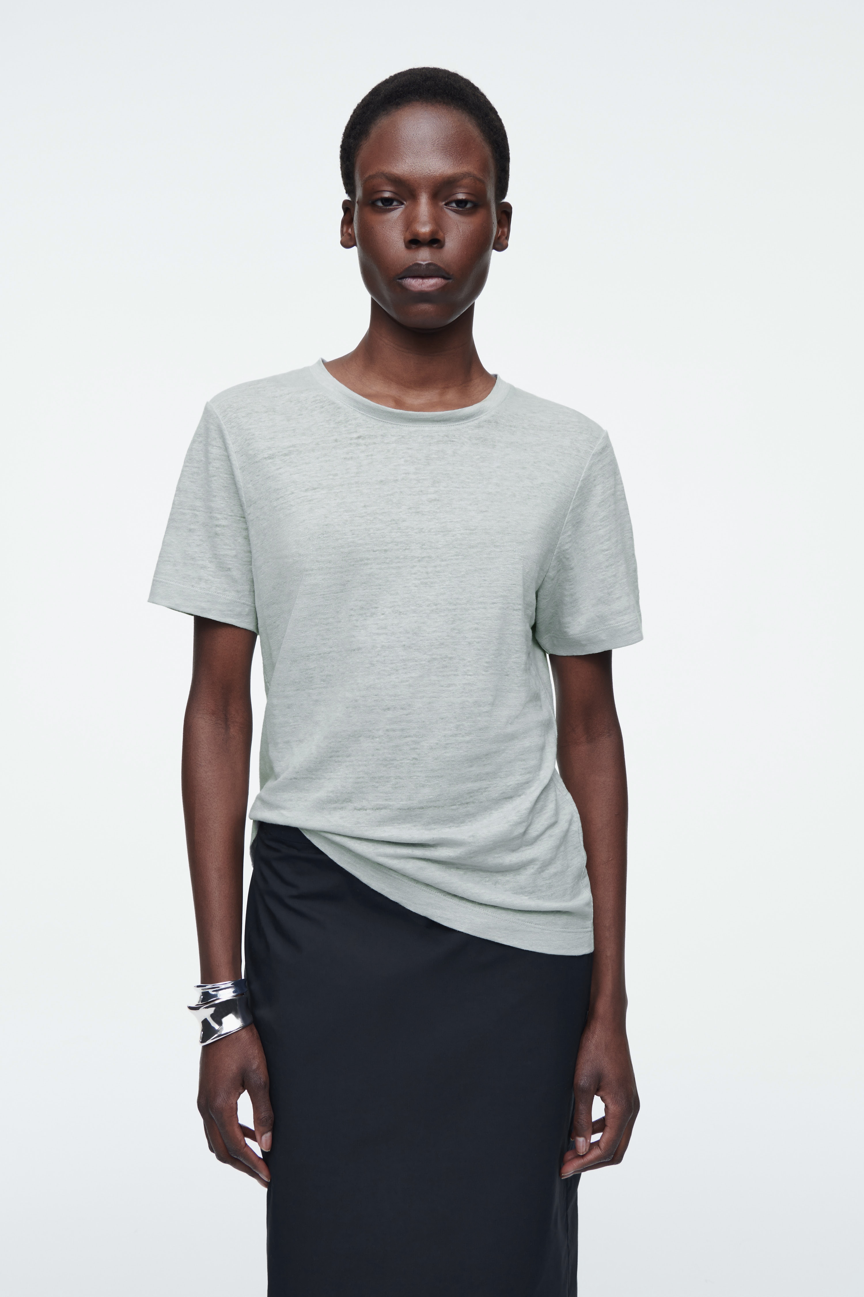 LNIANY T-SHIRT Z OKRĄGŁYM DEKOLTEM - ZAKURZONY BŁĘKIT