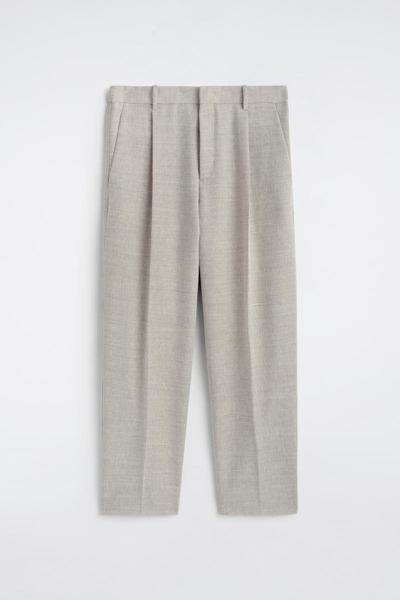 Linen-Wool Relaxed-Fit Barrel-Leg Pants in Beige