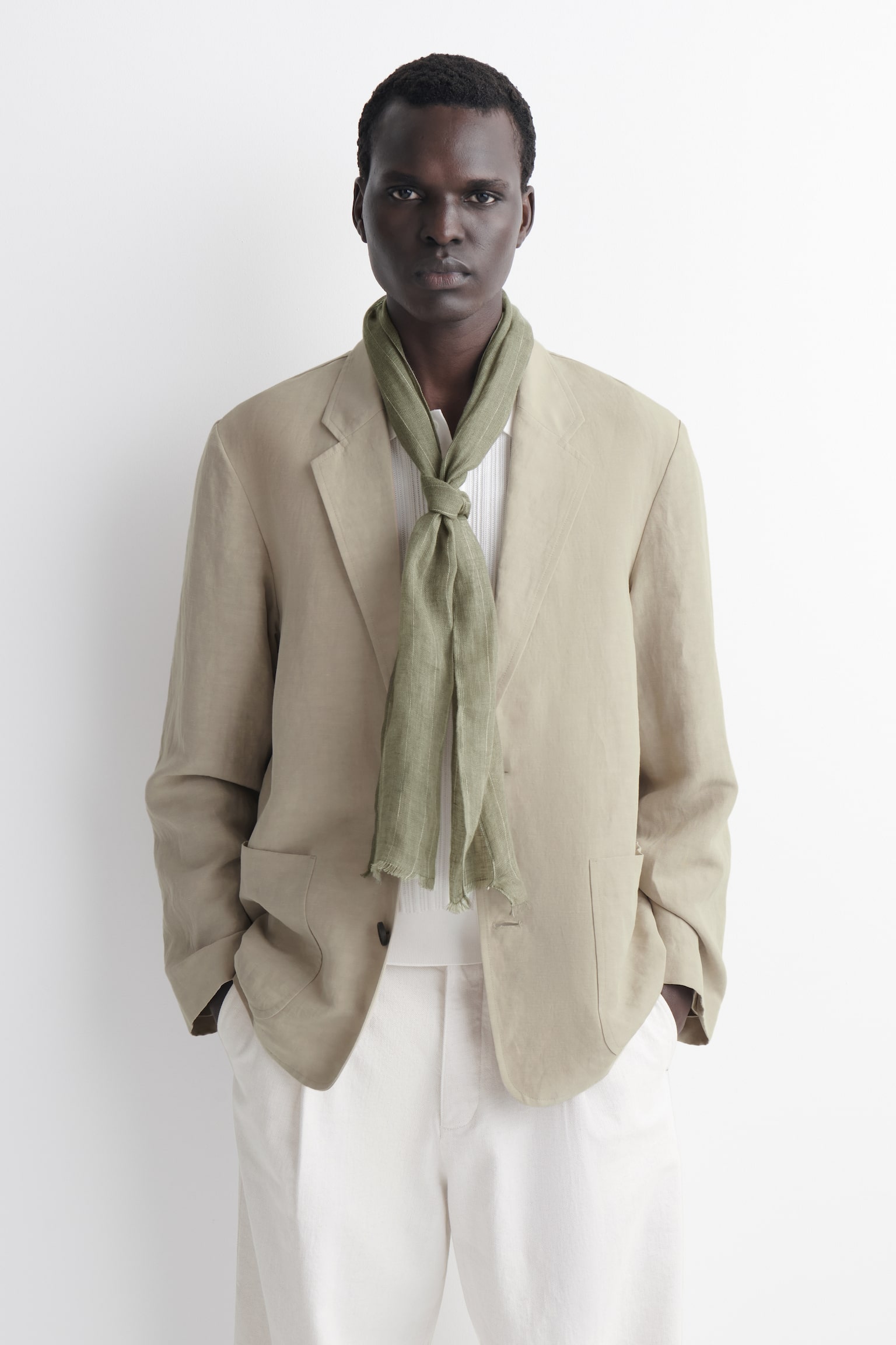 צעיף פשתן עם פרנזים - KHAKI / STRIPED/בז' / פסים - 2