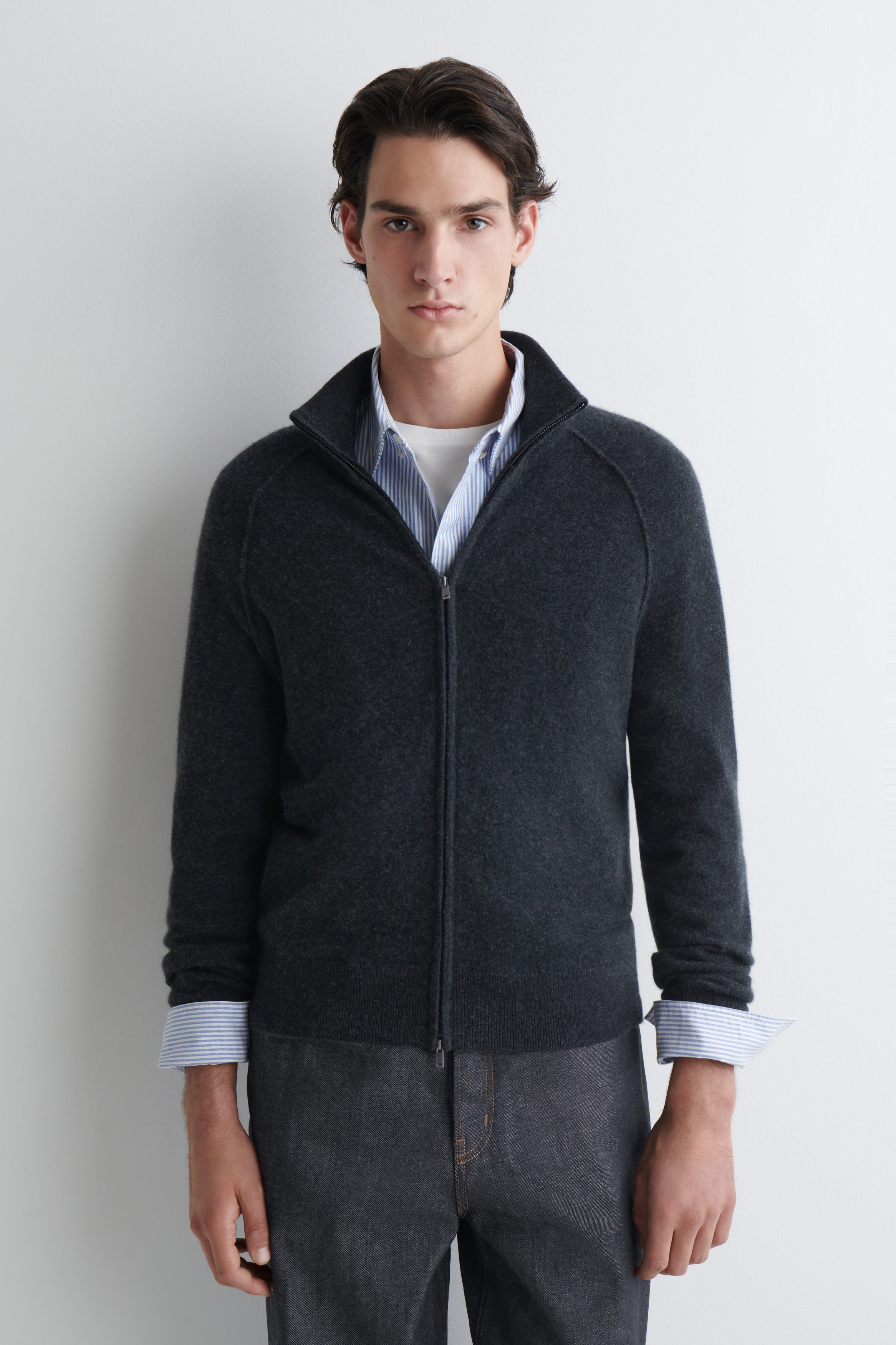 CASHMERE FUNNEL-NECK ZIP-UP CARDIGAN - CHARCOAL MÉLANGE | COS
